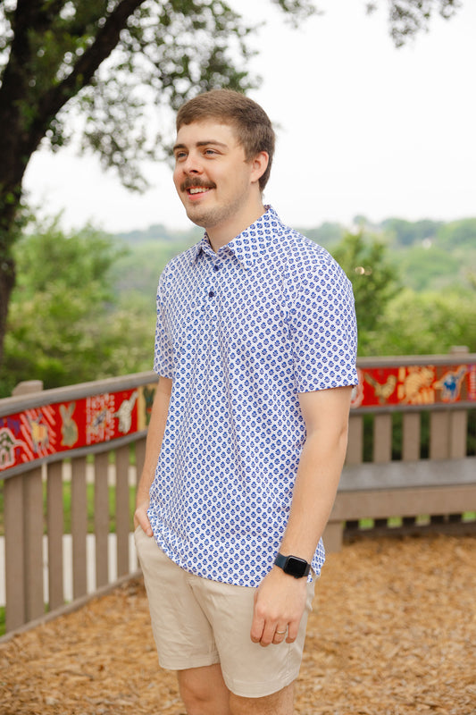 Blue & White Block Print  Men's Polo